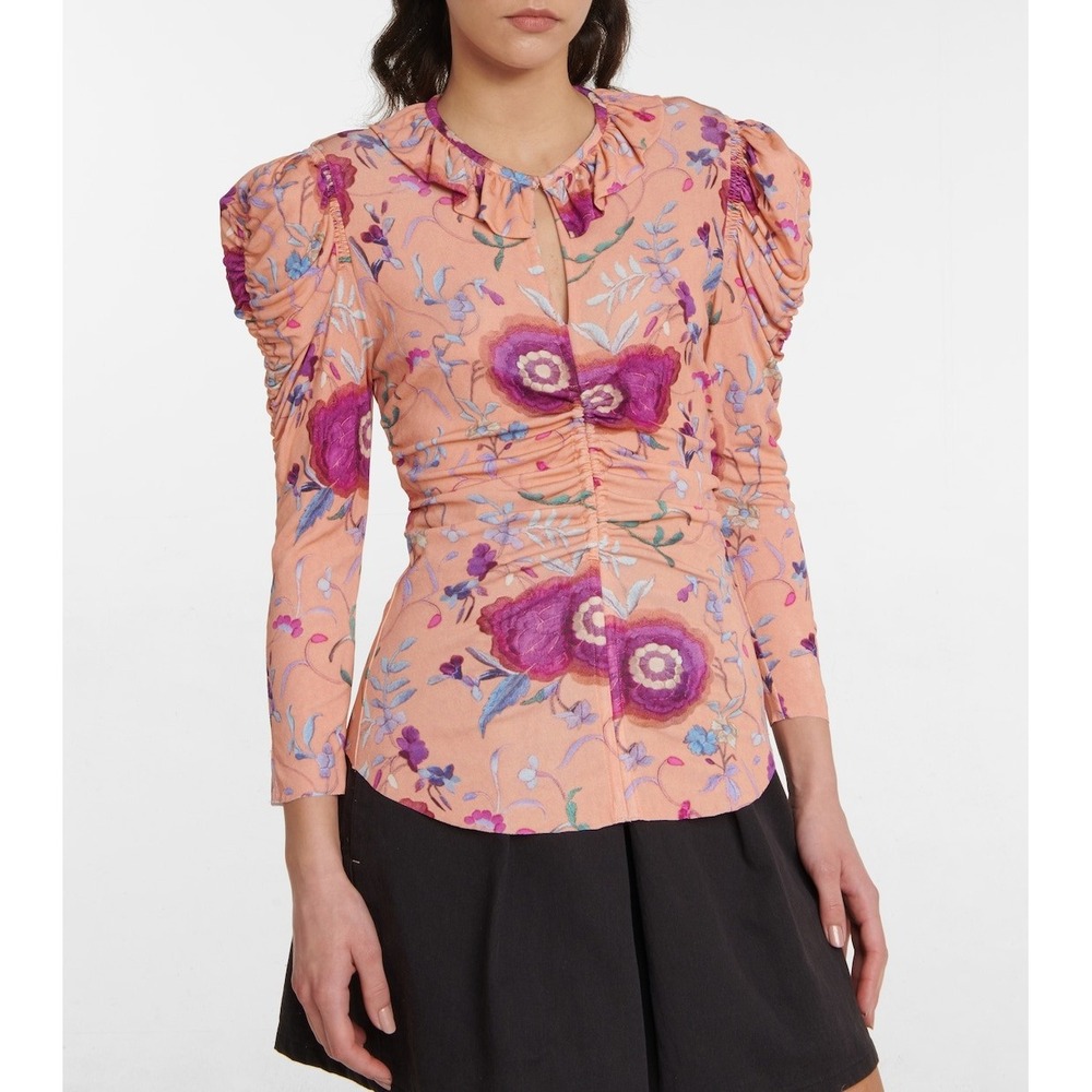 Isabel Marant Jen Top Women Forty-Two Orange Floral Ruffle Puff Sleeve HT2284